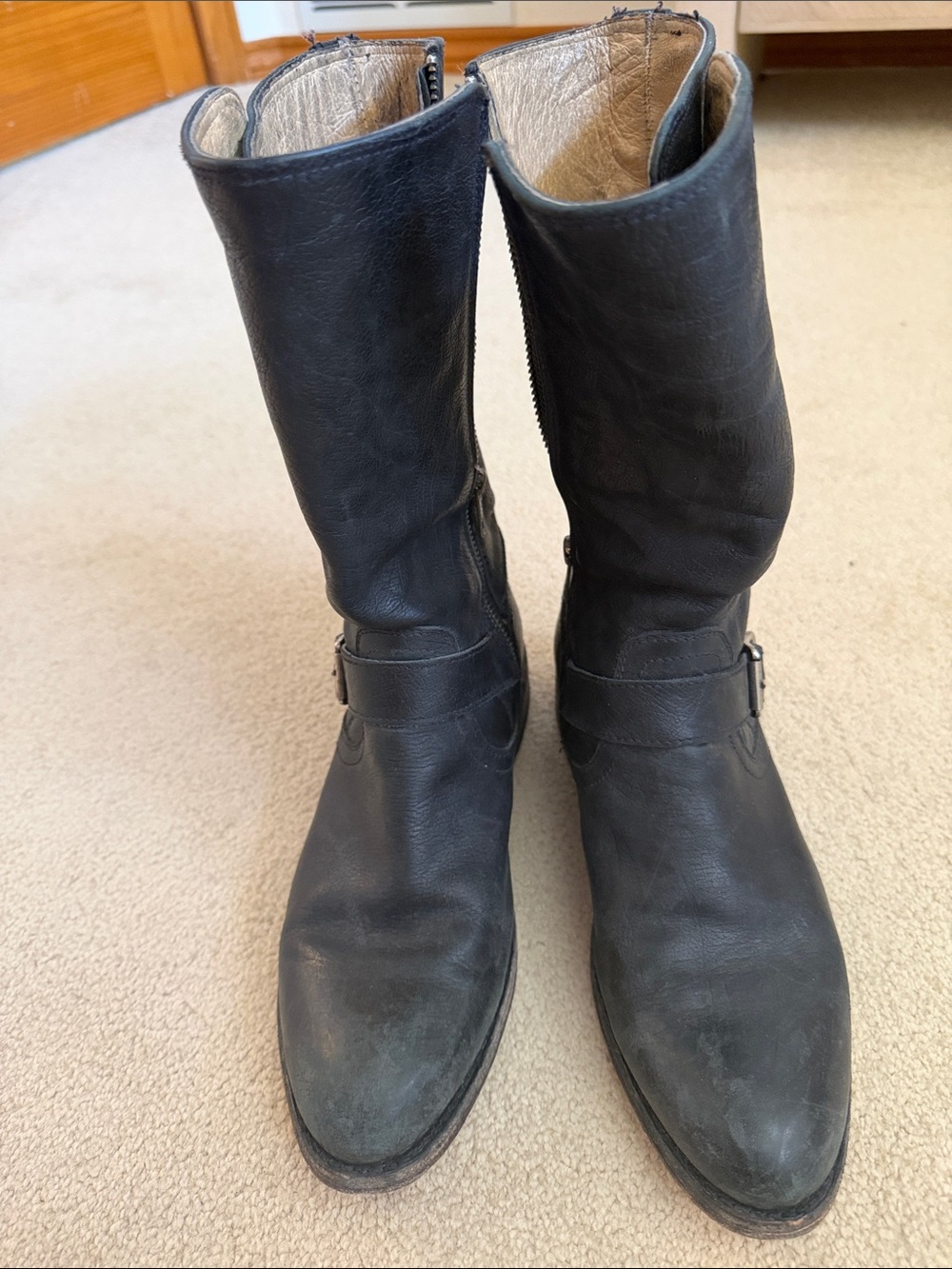 Frye Black Leather Mid-Calf zip up boots